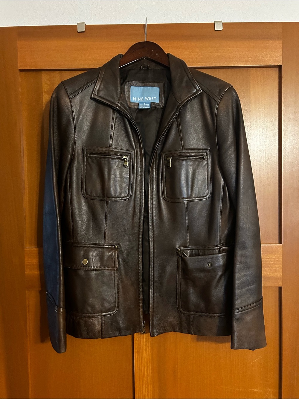 Nine West Dark Brown Leather Bomber Jacket
